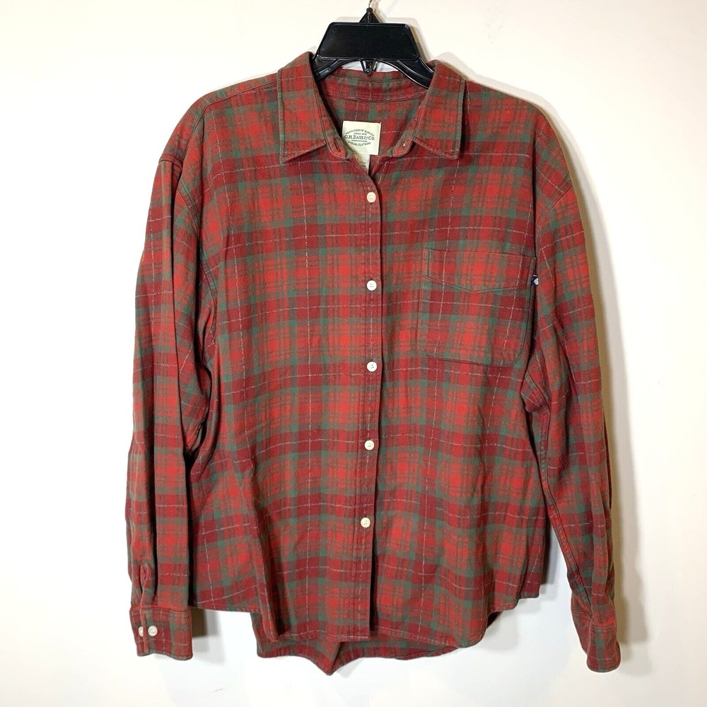 G.H. Bass Flannel Shirt Mens Large Plaid Red Orange Green 100% Cotton Rustic
